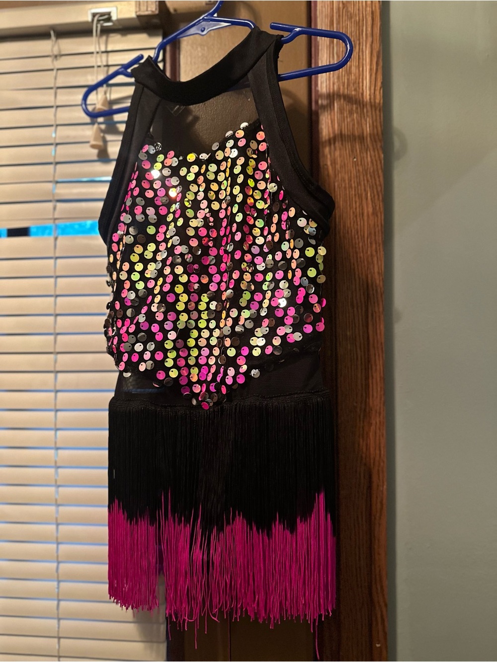 A Wish Come True Black Dance Costume with Neon Sequin Accents and Pink Fringe